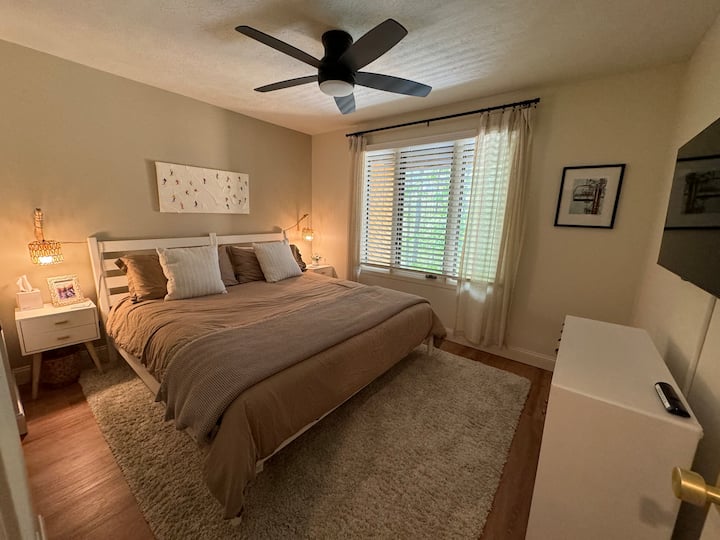 Downstairs Bedroom - King Bed, Smart TV, Closet, and En-Suite Bathroom.