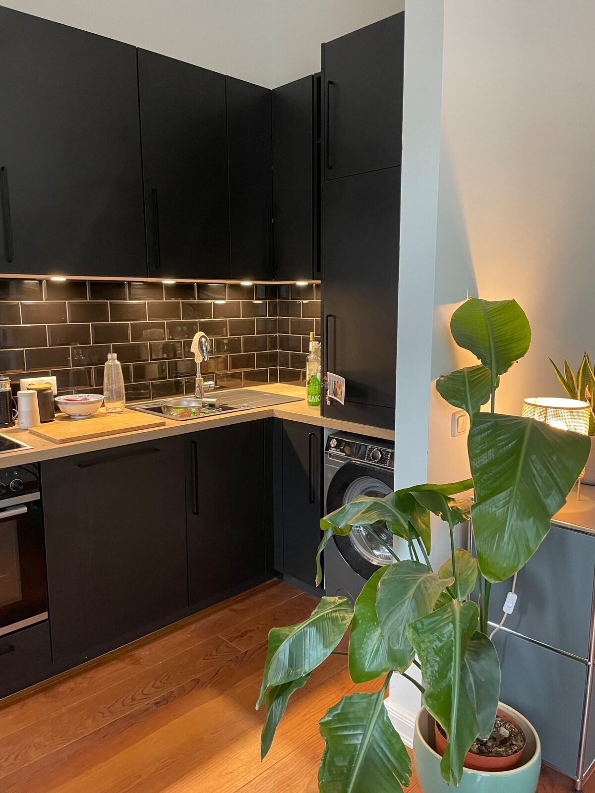 A modern kitchen features sleek black cabinetry and a contrasting dark tile backsplash. A small potted plant adds a touch of greenery, while appliances, including a washing machine, are visible. Soft lighting illuminates the work area, enhancing the overall functionality of the space.