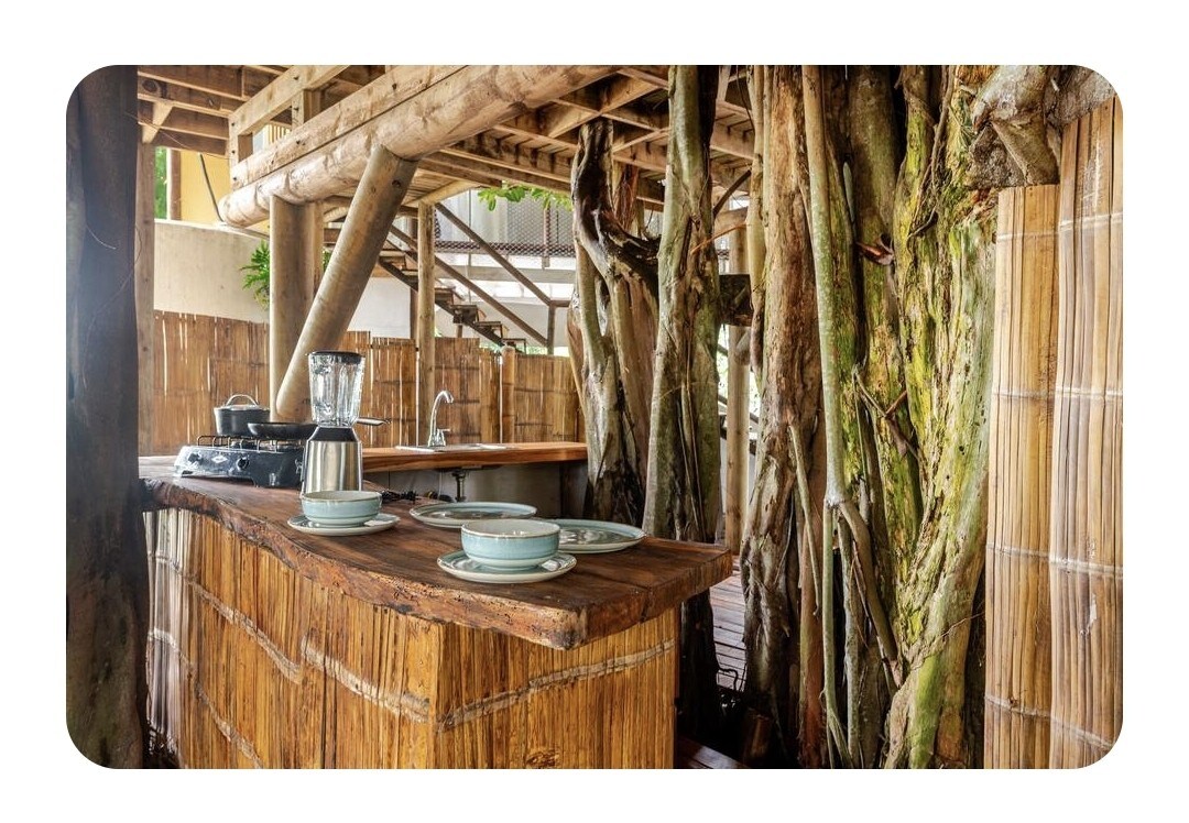An open kitchen area features a rustic bar counter made from textured wood and bamboo. Plates are neatly arranged on the countertop, accompanied by coffee-making equipment. Natural tree trunks are integrated into the design, creating a unique connection with the surrounding environment.