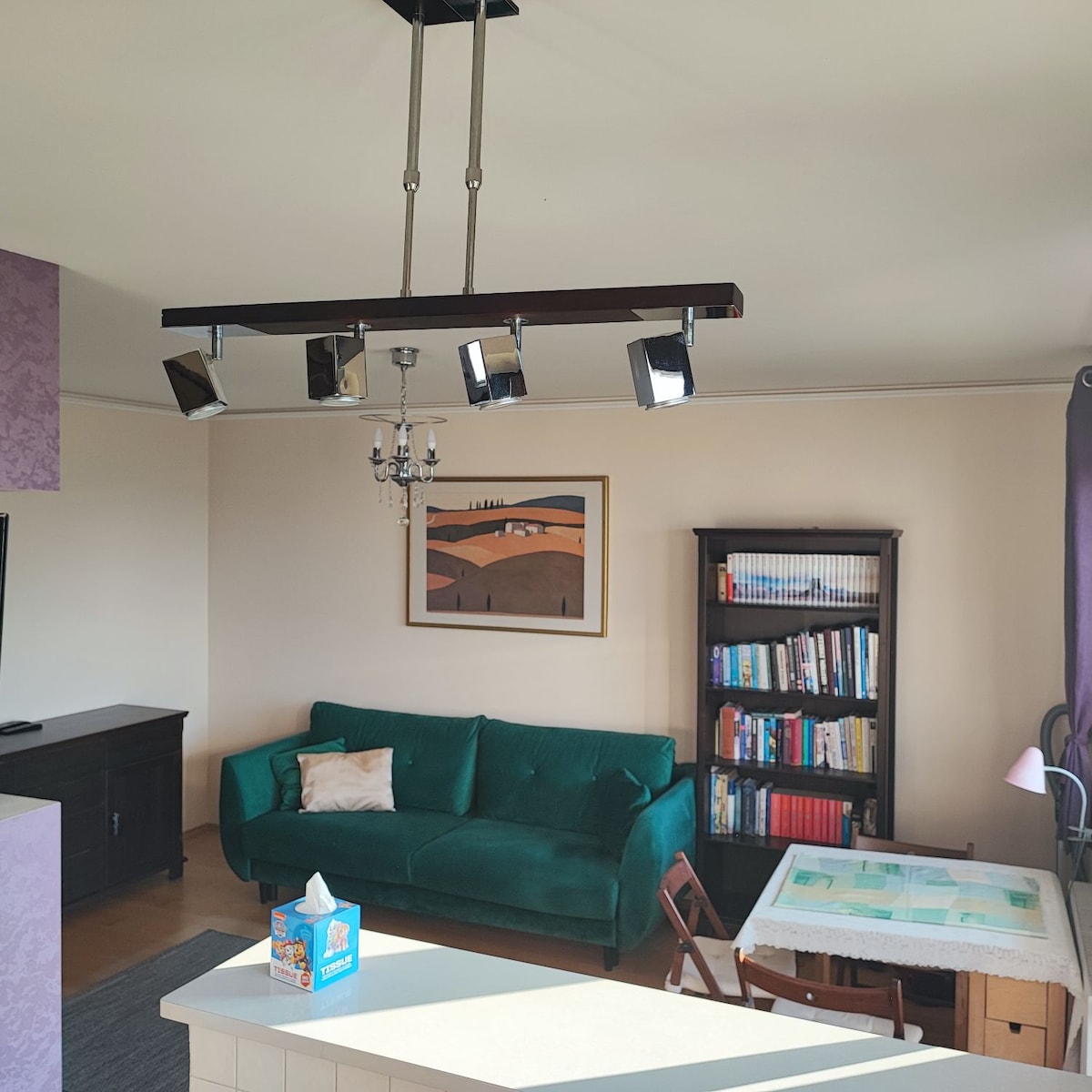 A living area features a green couch positioned against a wall. A bookshelf filled with books stands nearby. A table covered with a map and a lamp offers workspace. A framed artwork hangs above the couch, complemented by a modern light fixture overhead.
