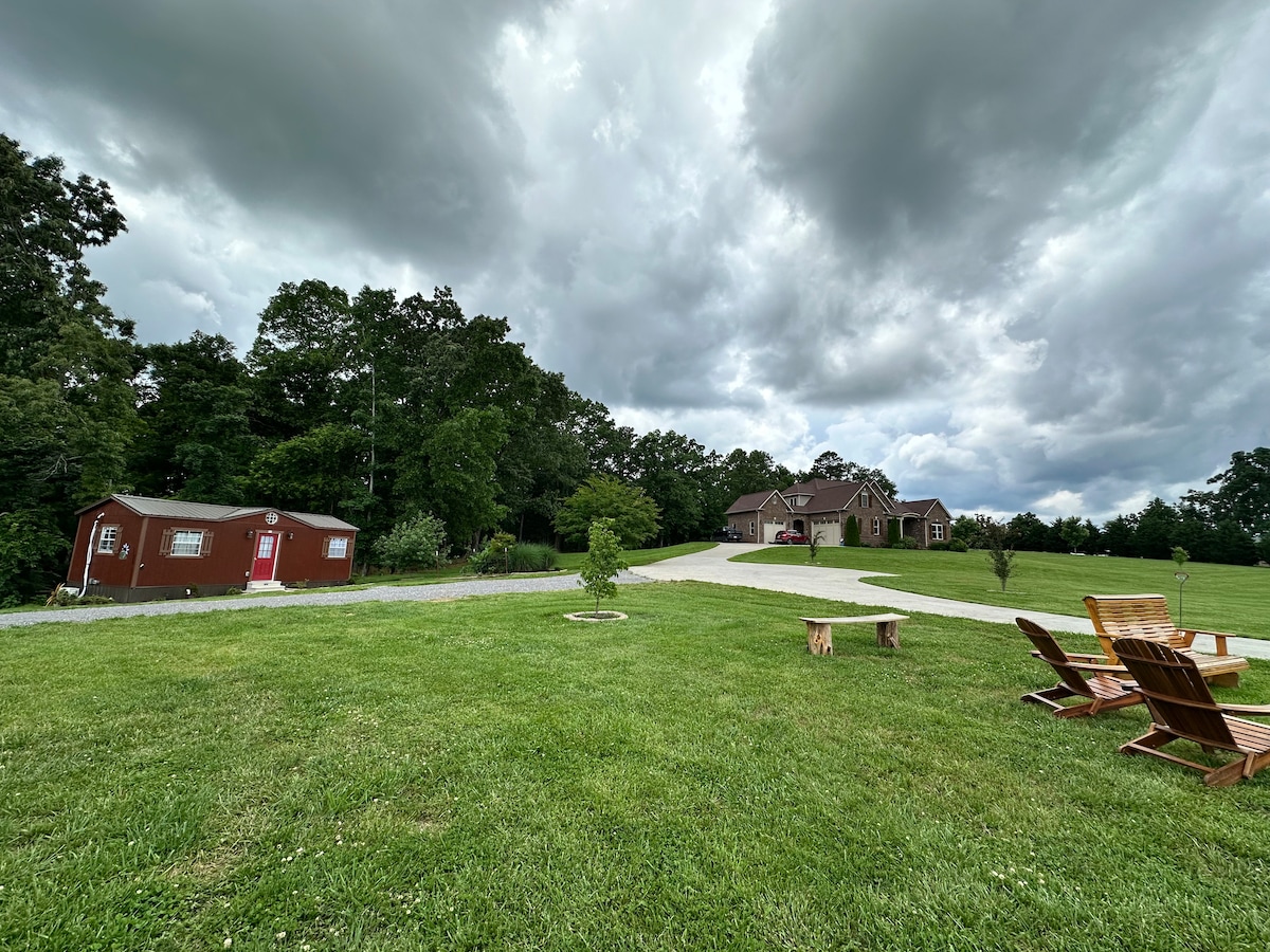 A scenic view captures the expansive green lawn framed by towering trees. In the foreground, wooden chairs provide a seating area, while a charming red shed and a spacious house are visible in the background, surrounded by a driveway leading through the landscape.