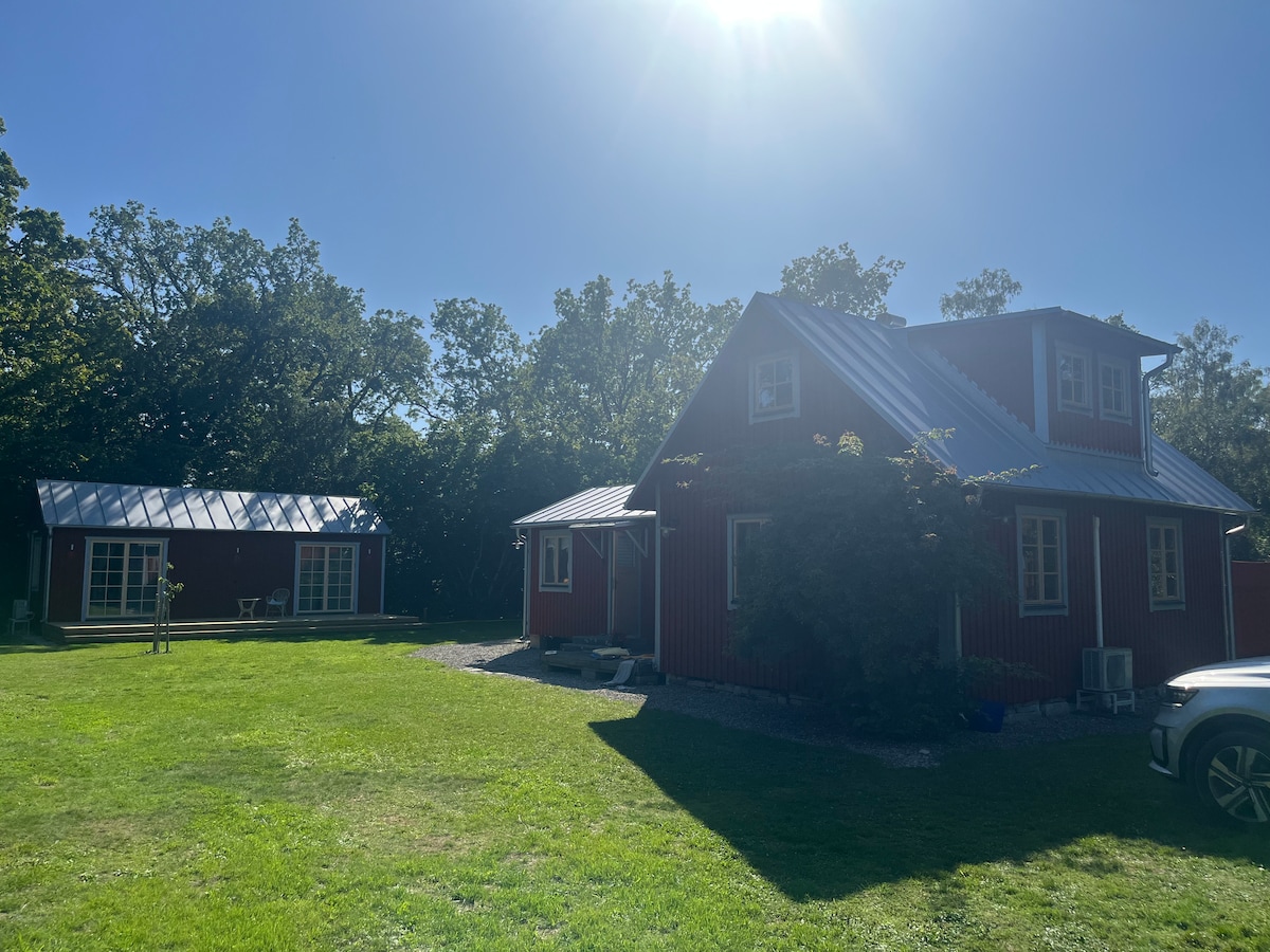 A red house with a peaked metal roof is set against a backdrop of trees. A secondary structure can be seen nearby, also featuring a metal roof. The spacious lawn is well-maintained, with sunlight creating a bright atmosphere.