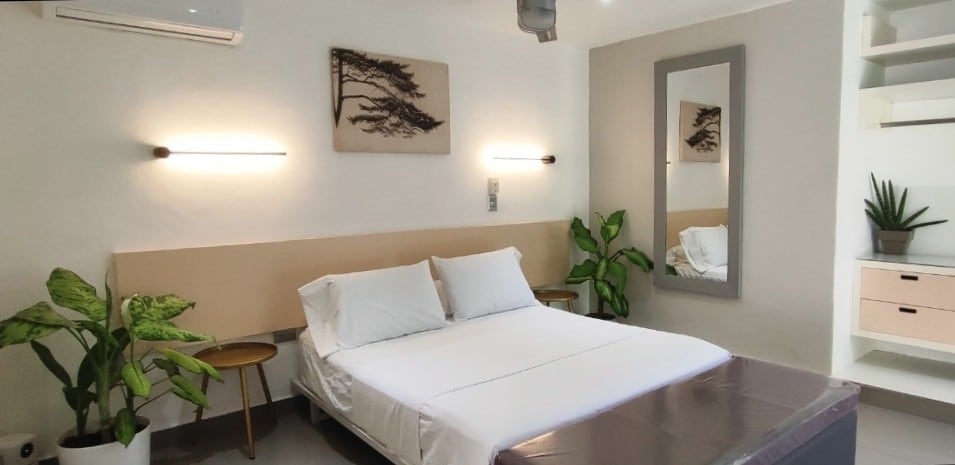 A spacious room is highlighted by a queen-size bed with crisp white linens, complemented by bedside tables. Green plants add a touch of nature, while a wall mirror reflects the skin tones and light. Air conditioning unit is mounted above, ensuring comfort throughout the stay.