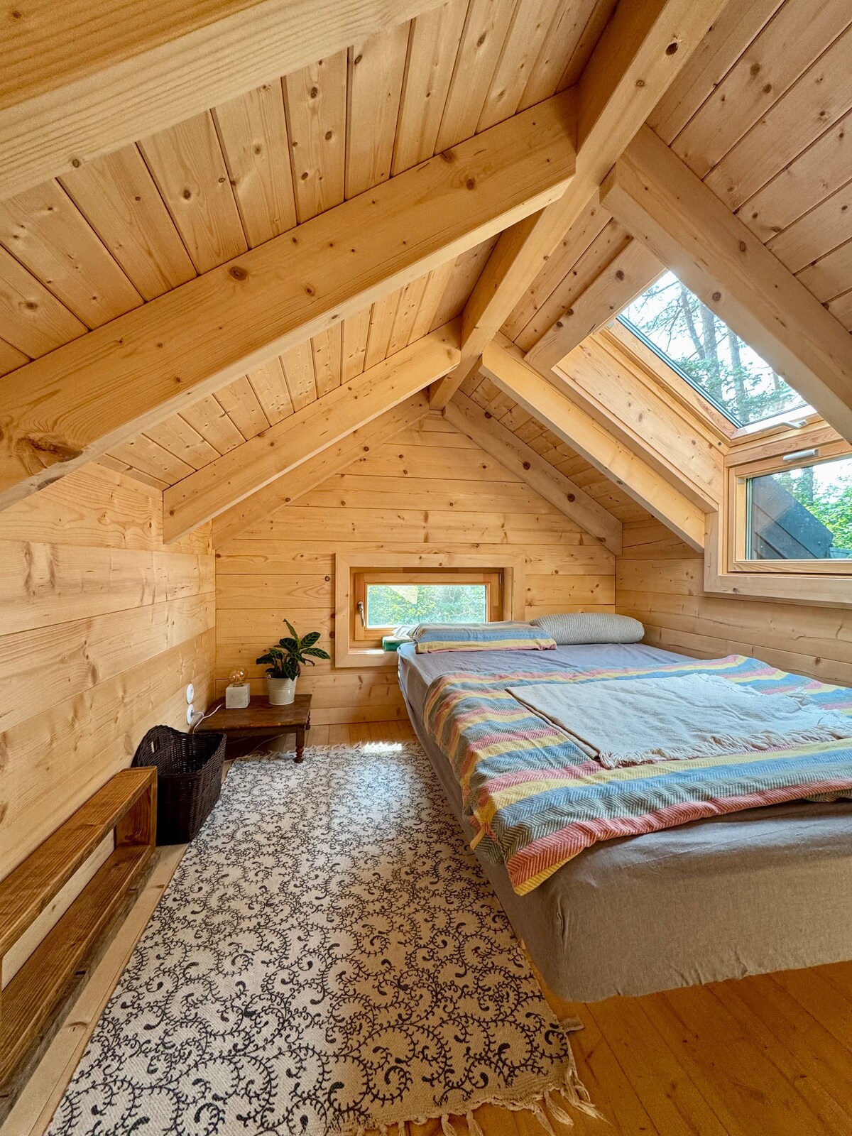 A cozy sleeping area is featured, with wooden walls and a sloped ceiling. Natural light enters through three windows, creating a bright space. A spacious bed, adorned with a colorful blanket, is complemented by a small table and a decorative plant.