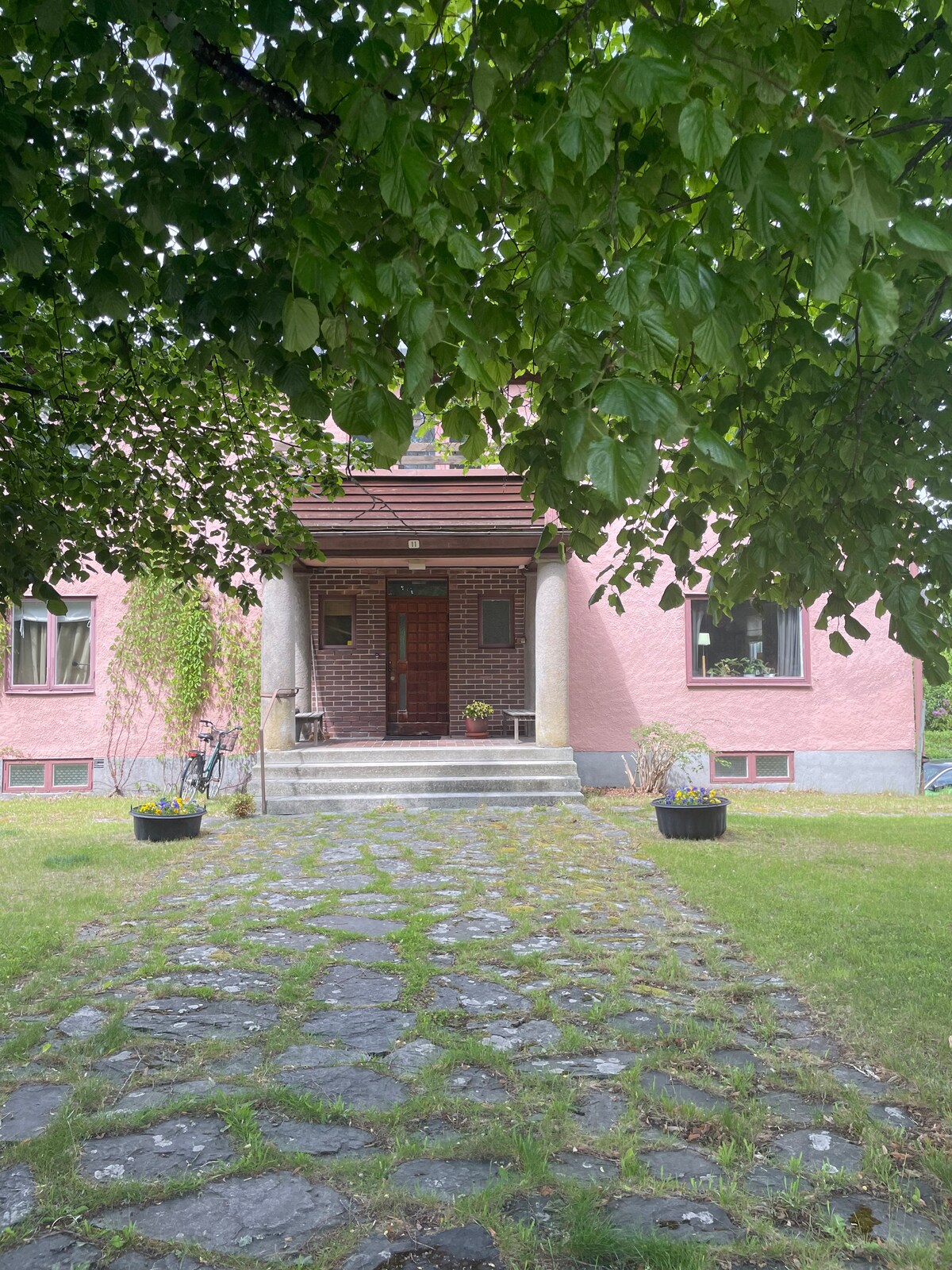 The entrance of a spacious house is framed by vibrant green leaves from a tree. A stone pathway leads to a covered porch, which features columns and a wooden door. Potted plants are positioned at the base of the porch, enhancing the welcoming entryway.