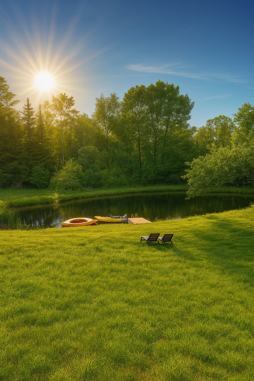 A tranquil private pond is surrounded by lush greenery, with kayaks and floats at the dock. The sun illuminates the scene, casting warmth over the grassy area. Two lounge chairs are positioned nearby, offering a peaceful spot to relax and enjoy the view.