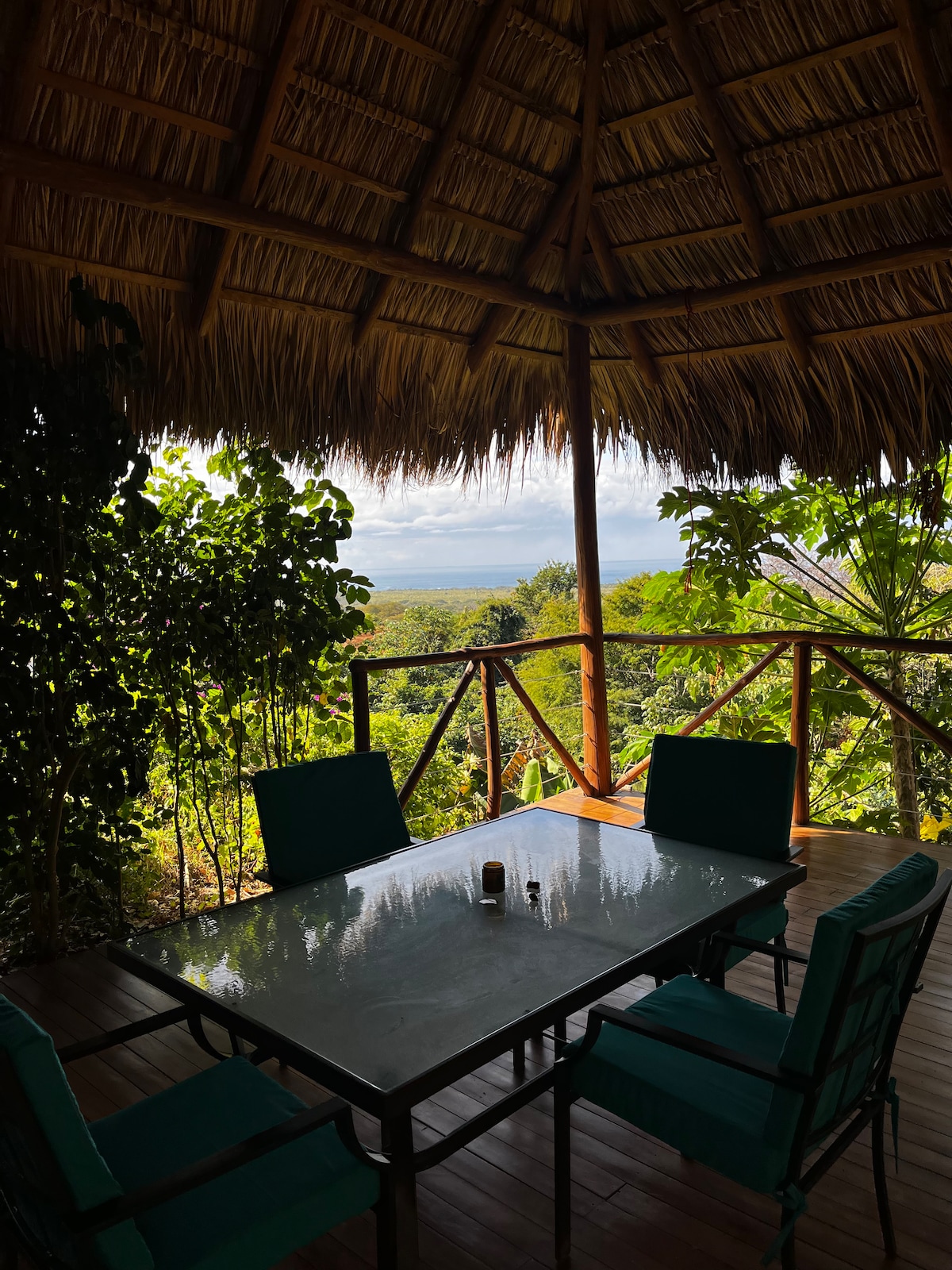 An open-air dining area is shaded by a thatched roof, offering a view of lush greenery and distant mountains. A glass table is surrounded by four teal chairs, while various plants frame the space, creating a serene and nature-infused setting.