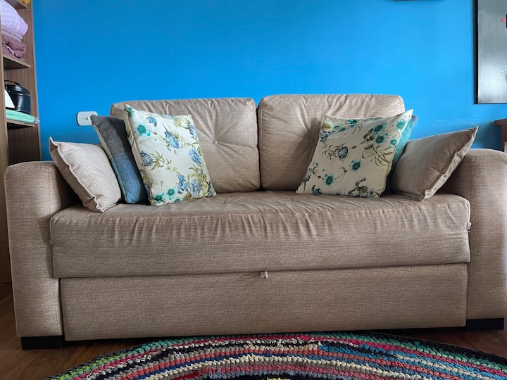 un comodissimo divano letto matrimoniale. La camera blu è anche il luogo in cui teniamo la maggior parte del letto e della biancheria da bagno. Offriamo anche piumini e coperte.