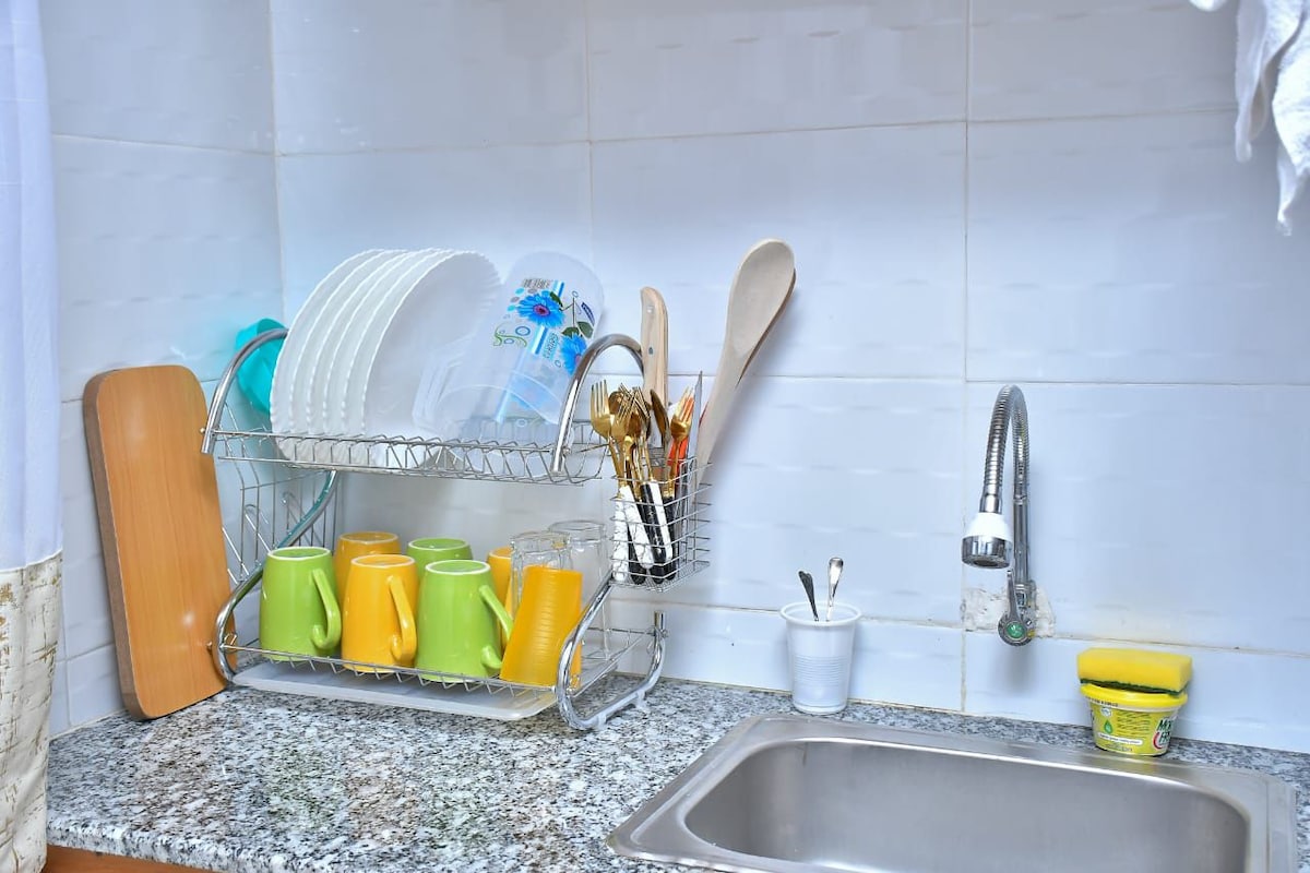 A kitchen sink area is showcased, featuring a metal dish drying rack holding a variety of dishes, cups, and utensils. A stainless steel sink is situated below the faucet, with a white container holding additional cutlery on the countertop, which is adorned with gray granite.
