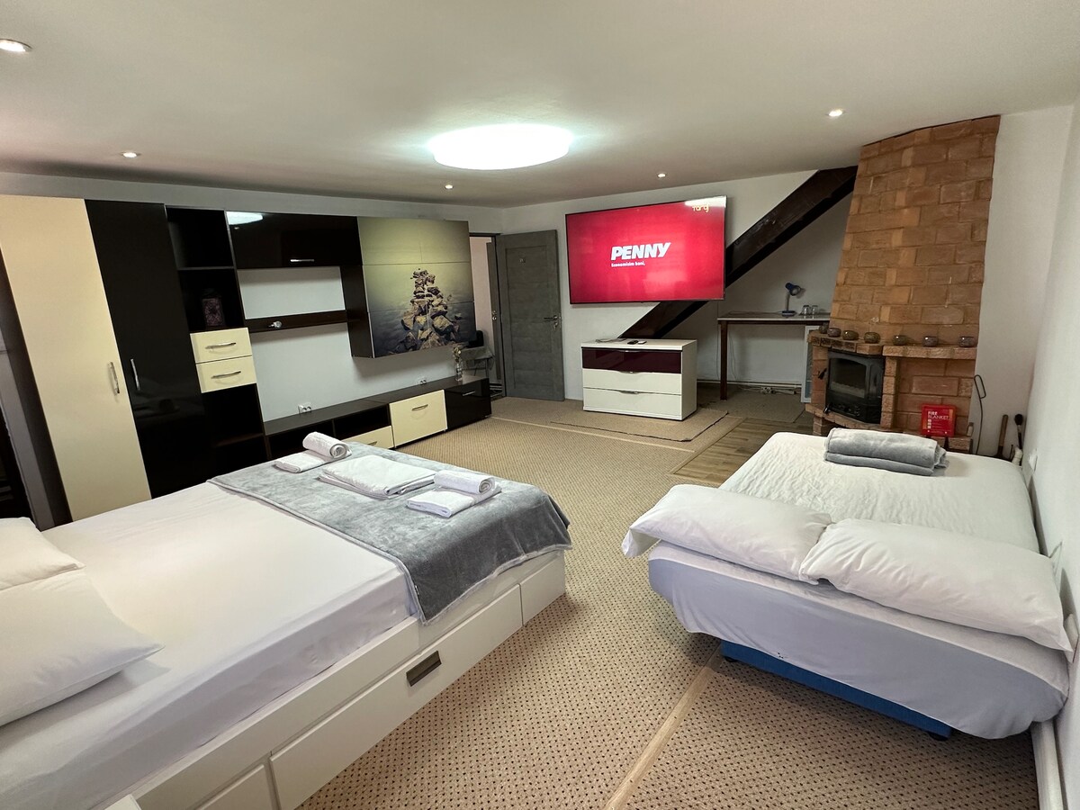 The spacious room features two beds, one with a gray throw draped over it, and a sofa bed. A large television is mounted on the wall, and a gray carpet covers the floor. Warm lighting highlights the cozy fireplace in the corner.