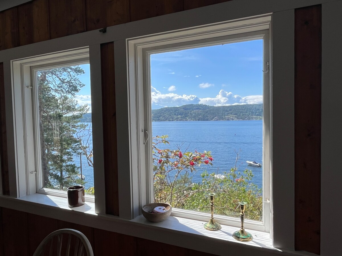Two windows frame a scenic view of the water, showcasing gentle waves and distant hills under a partly cloudy sky. The area outside is adorned with greenery and blooming flowers, creating a serene natural environment. Decorative items are placed on the windowsill.