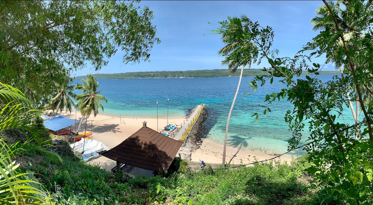 A panoramic view reveals a serene beach bordered by lush greenery. Gentle waves lap against a rocky jetty, while palm trees sway above. A small structure with a brown roof and colorful kayaks is visible along the shore, suggesting a tranquil coastal retreat.