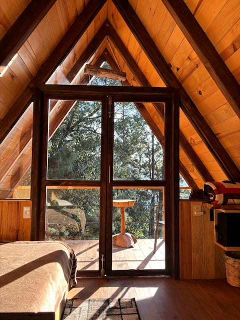 A cabin next to the forest.