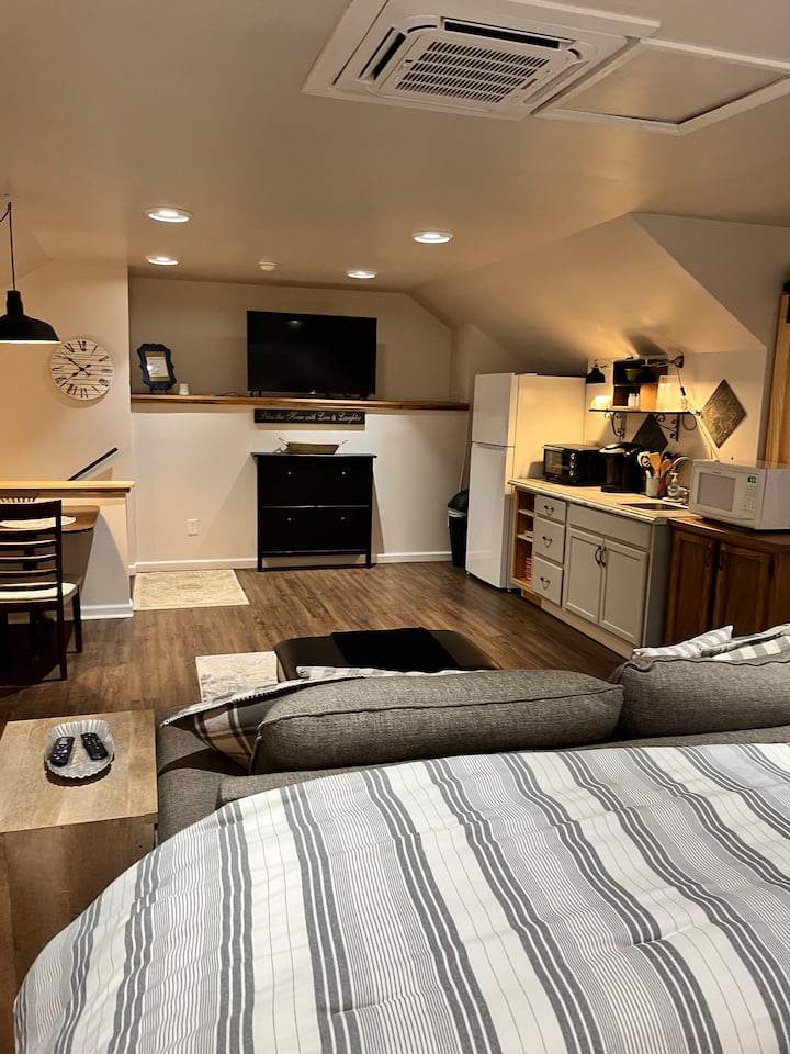 المعيشة وتناول الطعام والمطبخ وسرير بمقاس كبير. 