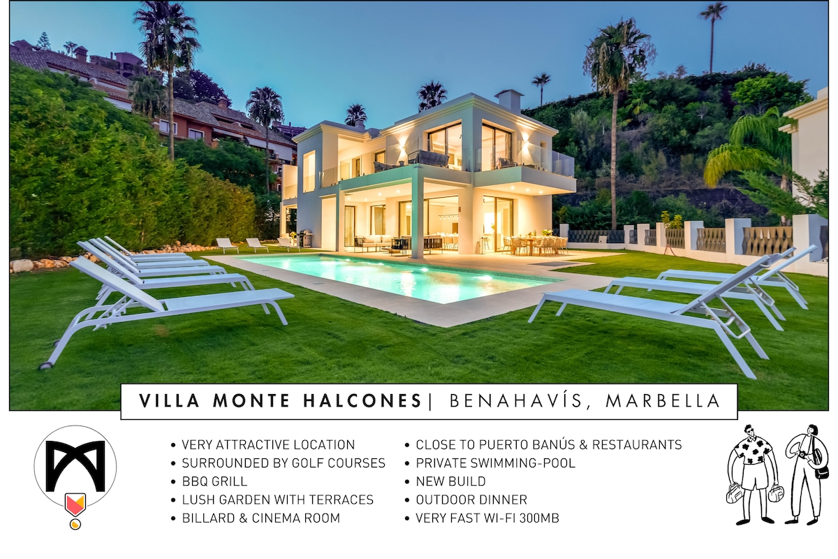 The exterior of the villa is featured, showcasing a modern two-story structure surrounded by palm trees. A private swimming pool reflects the evening light, with sun loungers arranged neatly beside it. Spacious terraces overlook the lush garden, providing areas for outdoor dining and relaxation.