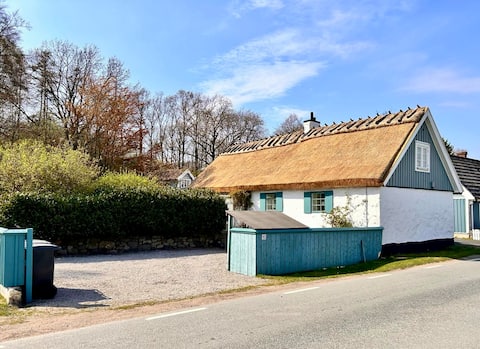 Beautiful white stone house with thatched roof