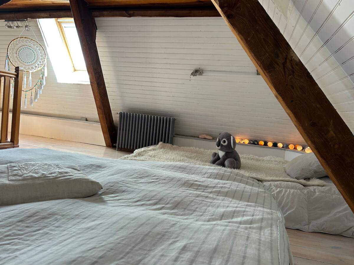 The cozy attic bedroom features two spacious beds, inviting soft textures with a plush blanket. Natural light enters through a skylight, illuminating the wooden beams overhead. A whimsical dreamcatcher hangs nearby, and a plush toy is thoughtfully placed on the floor.