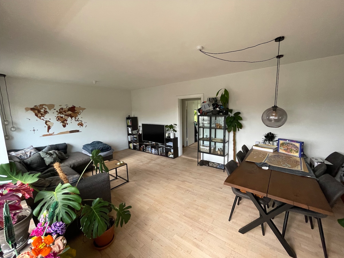 A bright living area features a comfortable gray sofa accompanied by several decorative pillows. A large television is positioned against the wall, and a dark wood dining table is surrounded by six chairs. Plants add greenery throughout the space.
