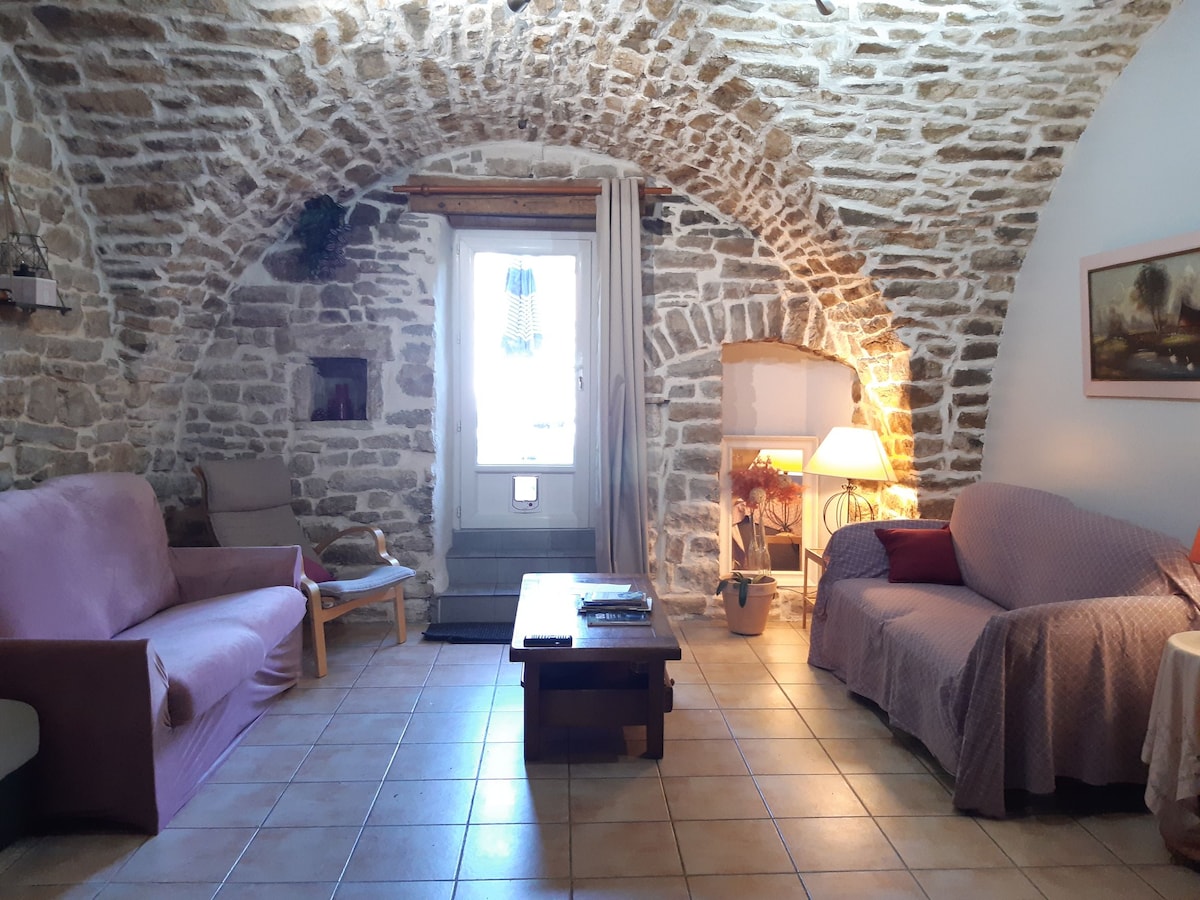 A charming living room is showcased with stone walls and a vaulted ceiling. Two sofas are positioned around a wooden coffee table, with a floor lamp providing warm light. Natural light enters through a doorway leading outside, enhancing the welcoming ambiance.
