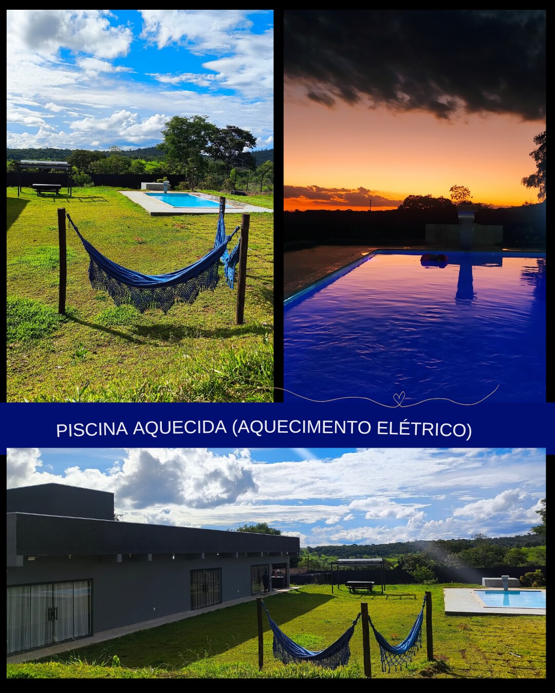 The image showcases a heated pool surrounded by lush greenery, inviting for relaxation. A resting net is positioned nearby for comfort. The serene landscape is complemented by a vibrant sunset, enhancing the tranquil atmosphere of the outdoor space.