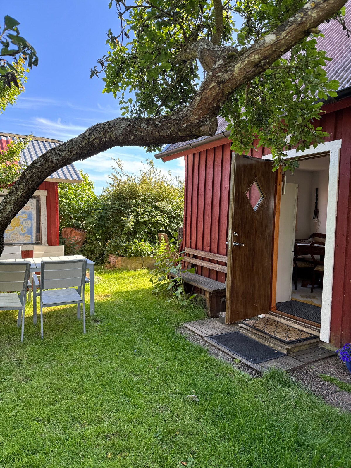 A charming outdoor area features a wooden bench and two light-colored chairs positioned on lush green grass. The entry to a red wooden structure is showcased, with a door that has a diamond-shaped window. Surrounding greenery adds to the serene ambiance.