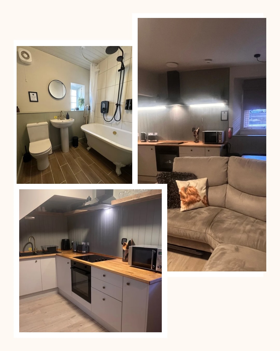 The image showcases two areas: a bathroom featuring a bathtub, toilet, and sink with a mirror, and a well-equipped kitchen area displaying modern appliances, including an electric oven and hob, complemented by stylish countertops. A cozy lounge area with a plush corner sofa is also visible.