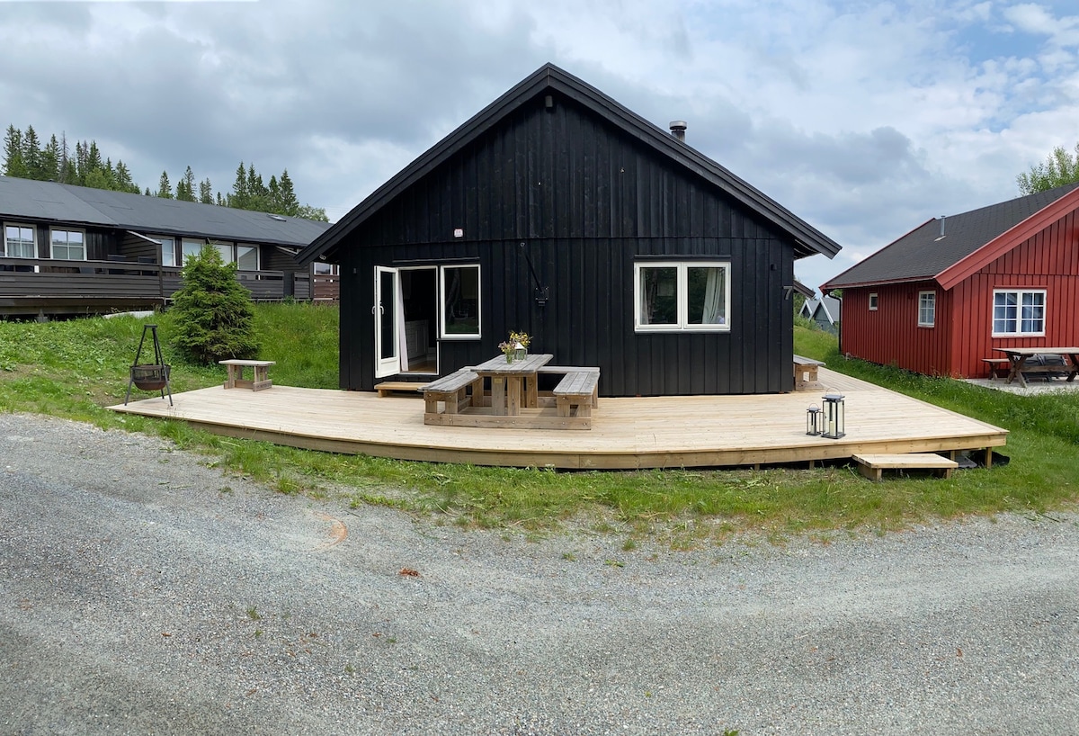 A modern wooden cabin with a black exterior is presented on a spacious deck. Outdoor seating is provided with a large table and benches. Surrounding greenery and gravel pathways enhance the cabin's rustic charm. Adjacent cabins in contrasting colors can be seen in the background.