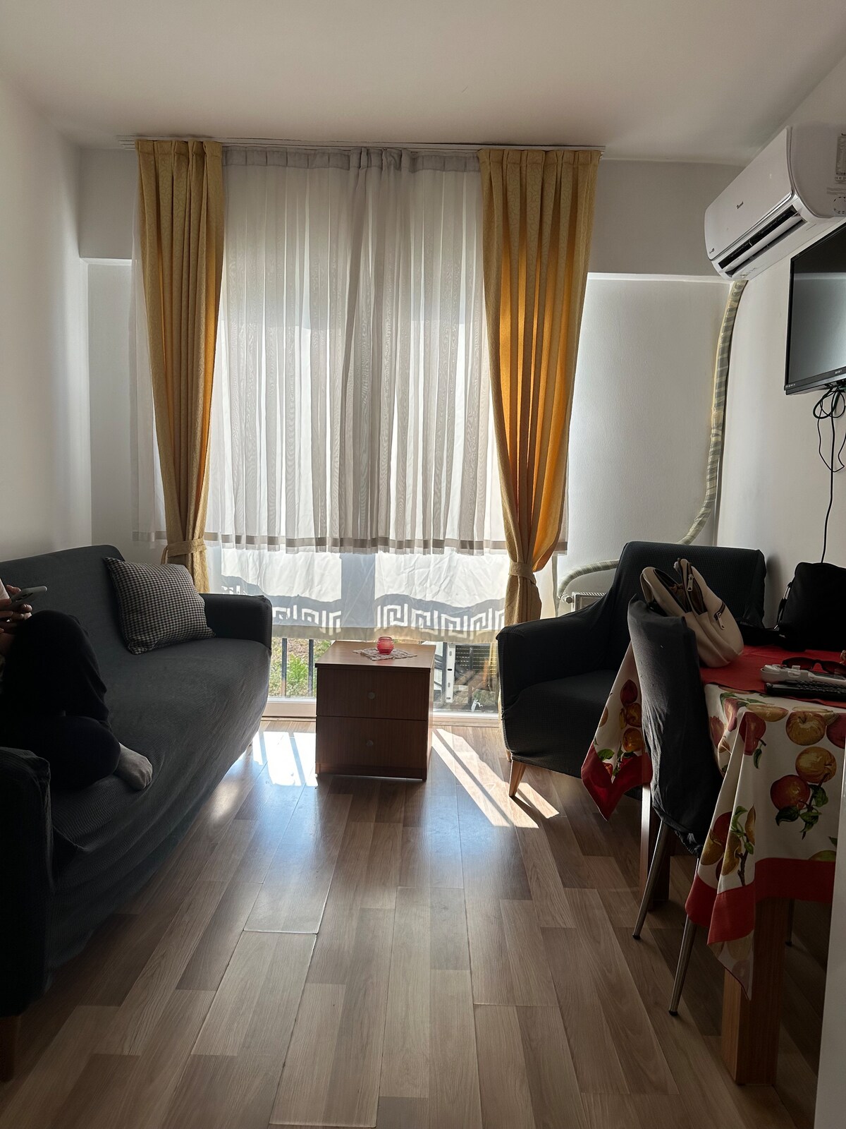 A bright living area features a gray sofa and two chairs beside a wooden table. Sheer curtains allow natural light to filter in, while an air conditioning unit is mounted on the wall. A decorative tablecloth adds color to the dining space.