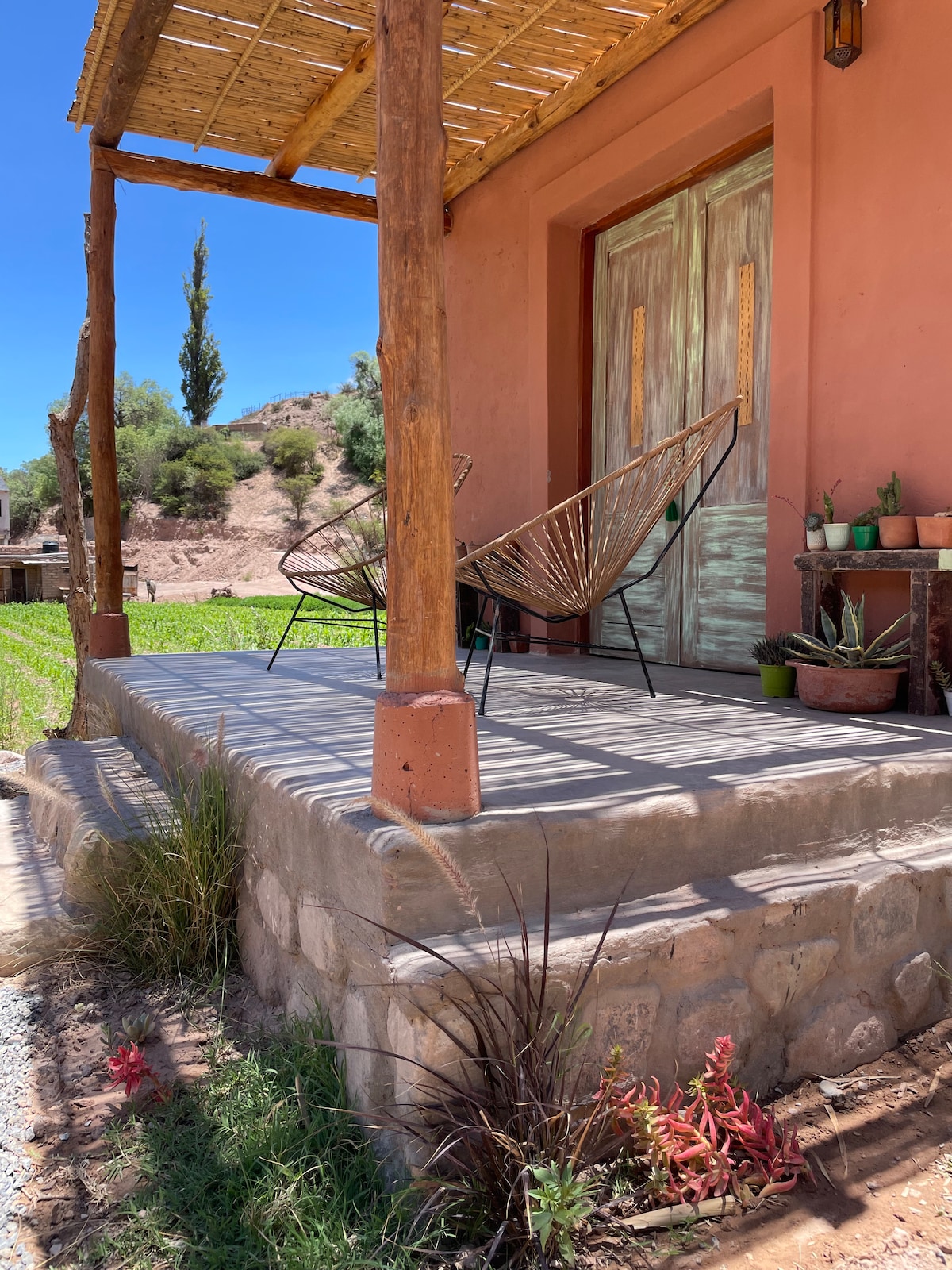 A private deck area is seen, featuring a natural wood structure and two woven chairs. Potted plants add greenery, while the nearby landscape shows open fields under clear blue skies. The earthy tones of the building complement the surrounding nature.