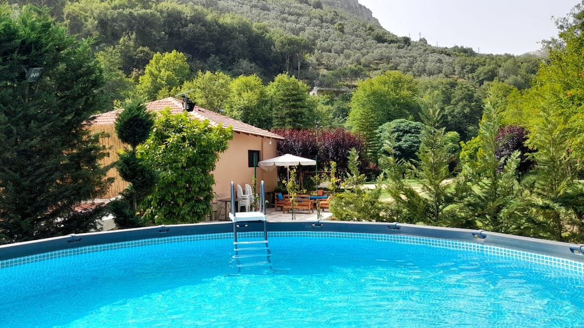 A round above-ground pool is positioned in the foreground, with steps leading into the clear water. Lush greenery and trees surround a cozy structure in the background, which features outdoor seating under a shaded umbrella.