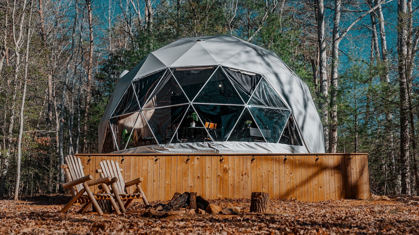 The Glass Globe geodesic dome exterior at night