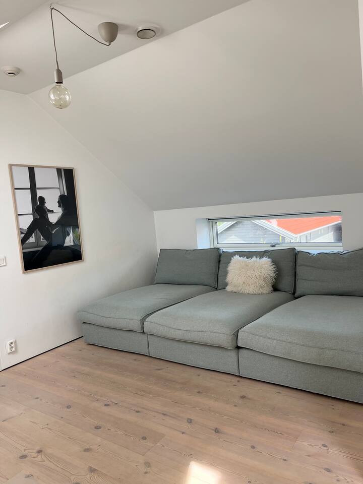 Გასაშლელი დივანი ორი ადამიანისთვის. Ამ ოთახს არ აქვს კარი, მაგრამ ზემოდან ღია იატაკის გეგმის ნაწილია.