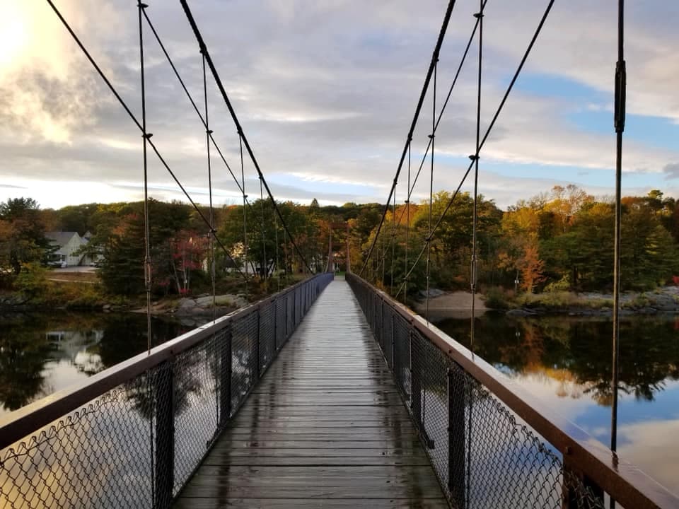 A pedestrian suspension bridge spans across calm waters, reflecting the trees and sky above. The wooden planks of the bridge lead towards lush greenery on either side, with hints of autumn colors in the leaves.