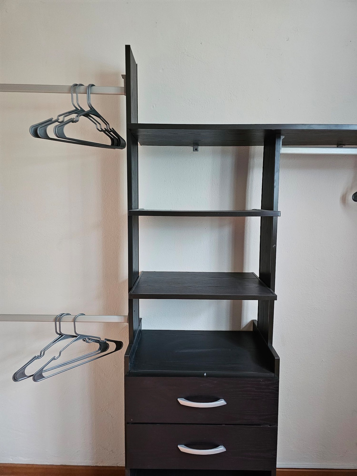 A practical closet setup is featured, showcasing an arrangement of open shelves and drawers. Two hanging rods with several hangers are visible. The dark wood finish offers a modern touch, while the neutral wall provides a clean backdrop.