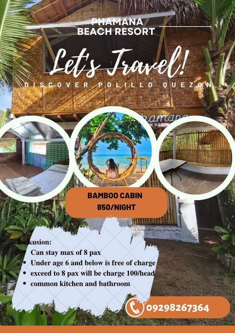 The bamboo cabin features an open design with natural decor elements, surrounded by lush greenery. A spacious outdoor area provides seating options, while a view of the beach area is highlighted. The structure accommodates a maximum of eight guests, with communal kitchen and bathroom facilities available.