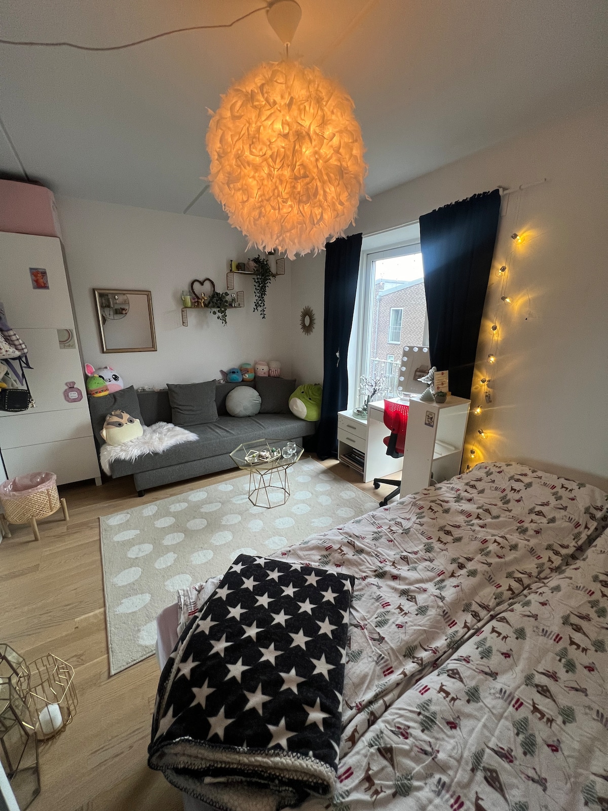 Dormitorio con cama doble y un sofá cama donde existe la posibilidad de otros 2 lugares para dormir.