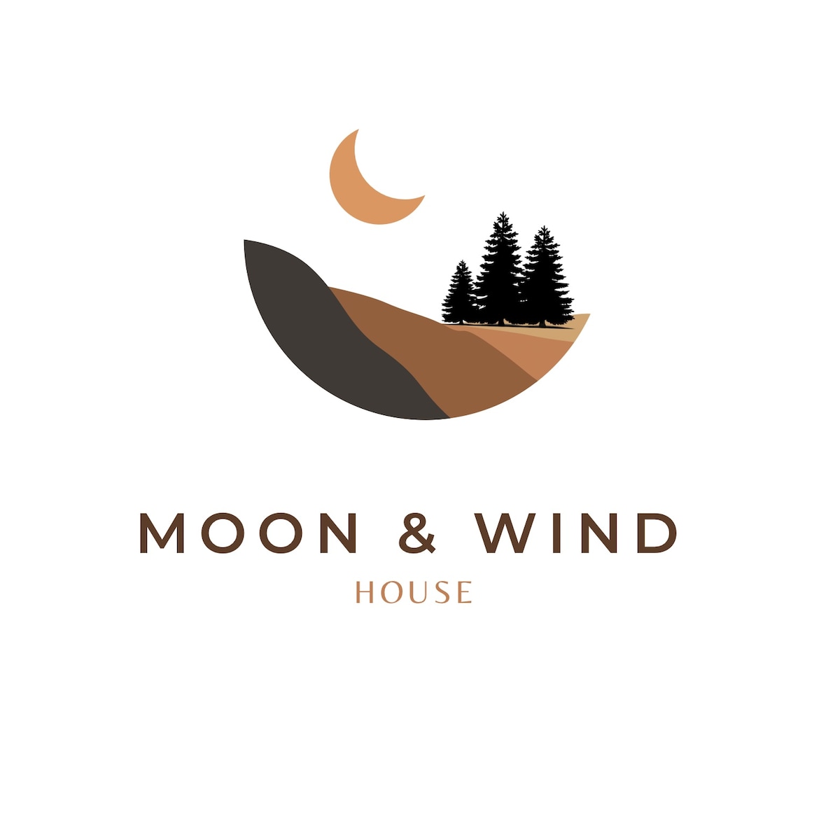 A logo featuring a minimalist design, with a crescent moon and trees against a stylized landscape. Earth tones of brown, rust, and green are used, creating a harmonious balance that suggests a natural and serene environment.