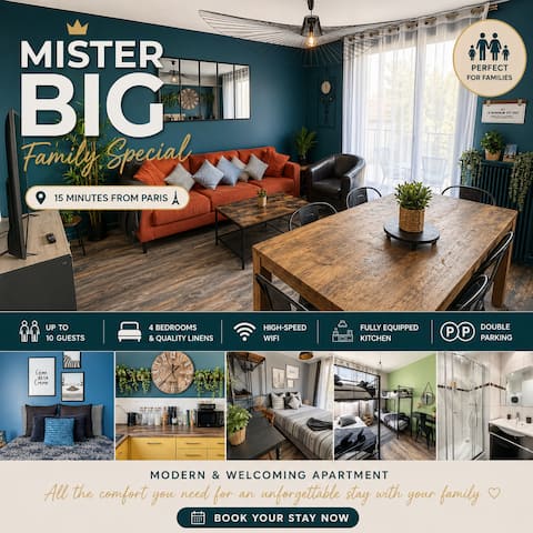 Big apartment-10 pax-2 pkg-15mn Paris