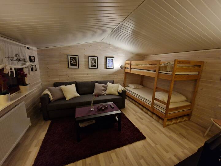 Ნაცრისფერი საოჯახო სასტუმრო, რომელიც მთავარ შენობასთან ახლოსაა. Არის 4 საწოლი (2 ორსართულიან საწოლში და 2 გასაშლელ დივანში) და საჭიროებისამებრ 2 ლეიბი.

Ასევე არის ტელევიზორი Apple TV-ით.