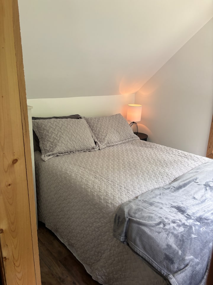 Bedroom has a full size bed and cloths cabinet 