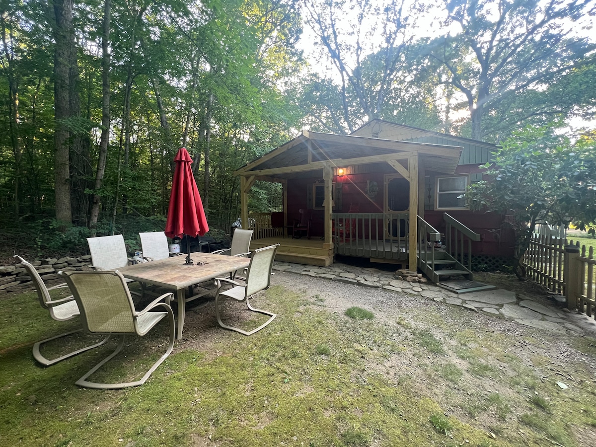 An outdoor dining area features a wooden table surrounded by six chairs, positioned on a grassy patch near the cabin. A red umbrella provides shade above the table, with the cabin's covered porch visible in the background, flanked by trees that create a serene setting.