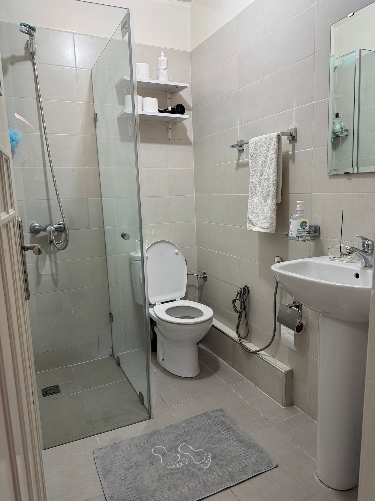 The bathroom features a glass shower enclosure with a handheld showerhead. A modern toilet is positioned adjacent to a wall-mounted sink equipped with a mirror above. The tiled walls and floor create a clean, functional space, enhanced by a small rug on the floor.