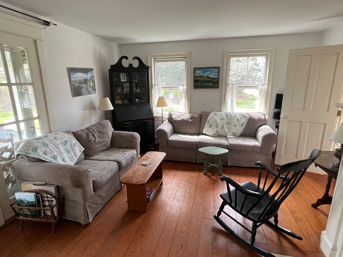 A comfortable living area features two soft sofas adorned with decorative pillows, complemented by a wooden coffee table. Natural light enters through two windows, enhancing the simple decor that includes a dark cabinet and artwork on the walls.