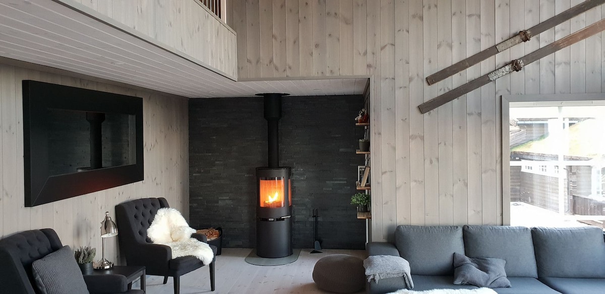 A cozy living area features a wood stove with a warm flame, surrounded by natural wood paneling. Two armchairs and a spacious sofa provide ample seating. A large mirror and bookshelves add functionality and style, while large windows allow natural light to fill the room.