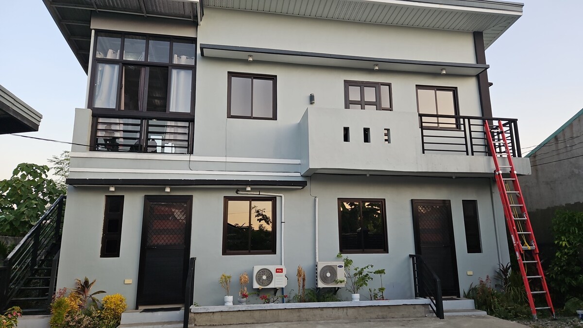 The exterior of the building features a two-story design with large windows and a contemporary color scheme. A ladder leans against one side, while two air conditioning units are visible below. Lush greenery surrounds the property, adding natural elements to the setting.