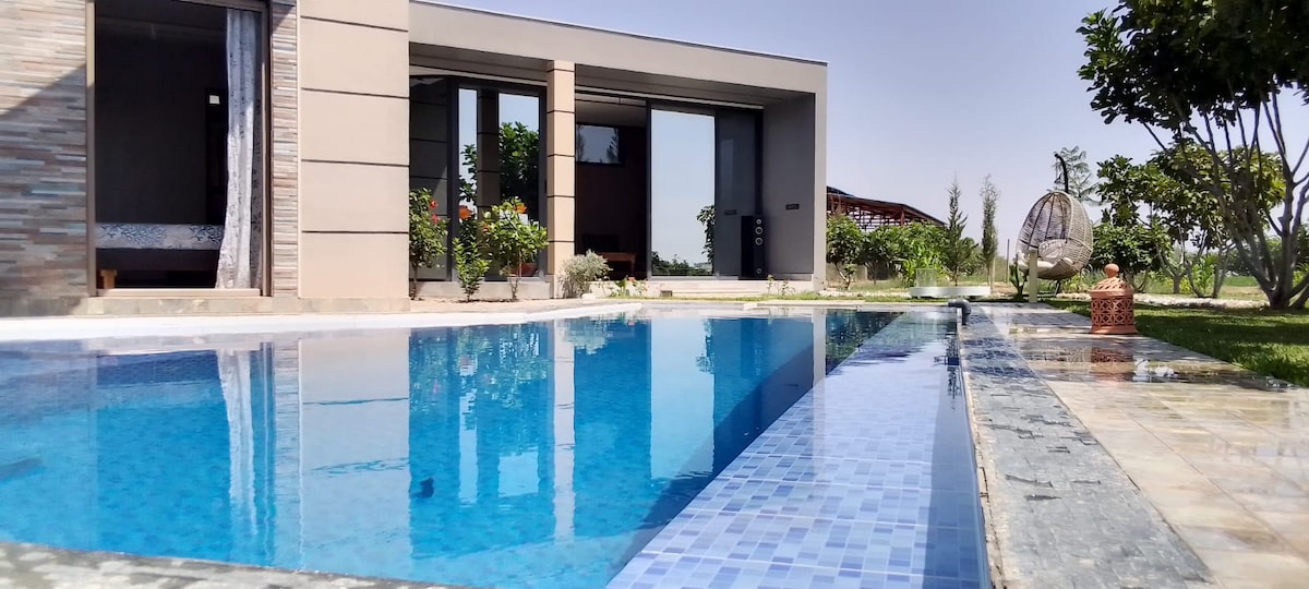 A private pool with clear blue water reflects the surrounding landscape. The sleek architecture of the villa is visible, with large glass doors leading to the interior. Lush greenery and potted plants are positioned around the pool area, providing a serene setting.