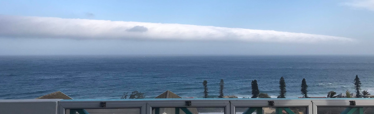 An expansive ocean view is visible, featuring a calm sea under a cloudy sky. The horizon showcases varying shades of blue, while palm trees line the nearby coastline, suggesting a tropical setting. The serenity of the landscape offers a tranquil atmosphere.
