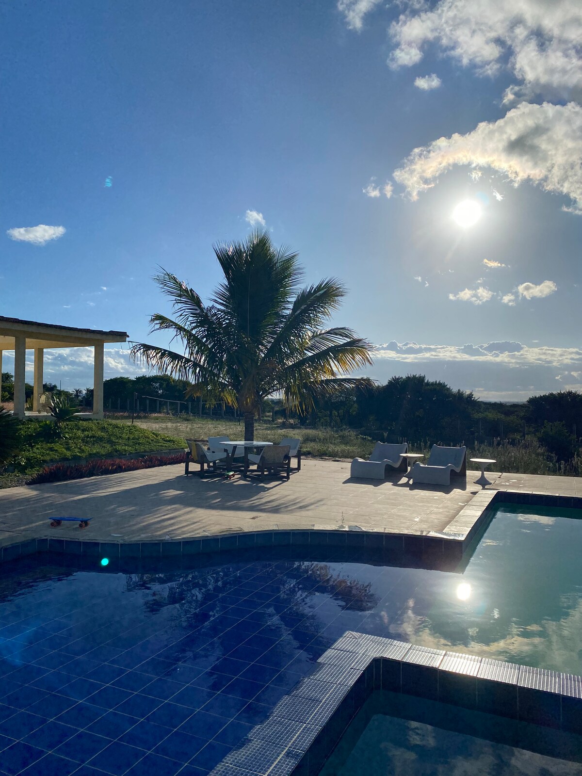 A sunlit outdoor area features a sparkling pool reflecting the bright sky. A palm tree provides shade, and a seating arrangement with chairs and a table is seen nearby. Surrounding greenery enhances the tranquil setting.