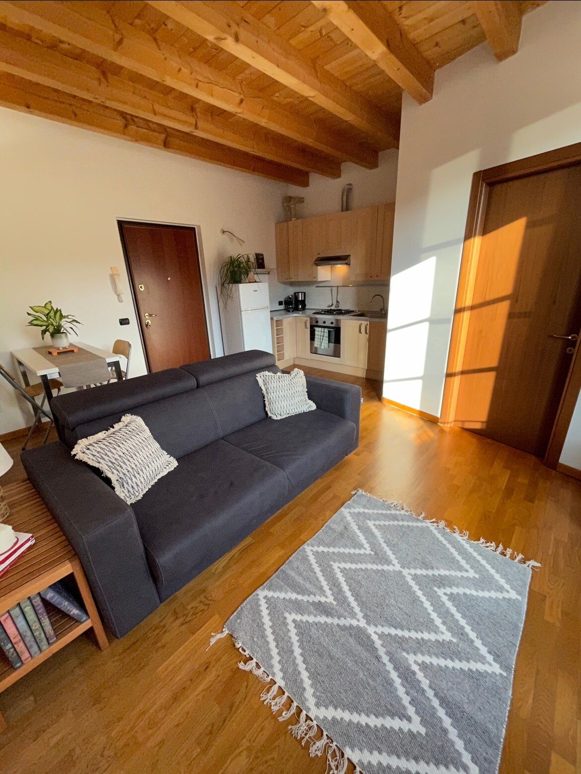 A cozy living space is visible, featuring a dark sofa with decorative cushions and a patterned rug. A small dining area is positioned nearby, with light streaming in from a window. The kitchen area is equipped with modern appliances, enhancing functionality in the apartment.