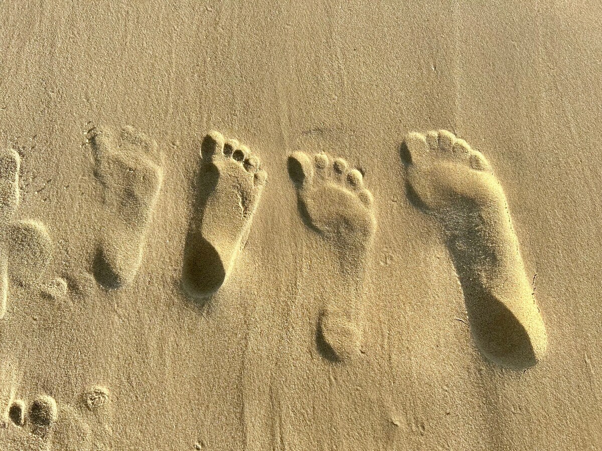 Footprints in soft sand lead across the shore, showcasing different sizes and shapes. The patterns left by bare feet suggest a leisurely stroll along the beach, creating a connection to the coastal environment.